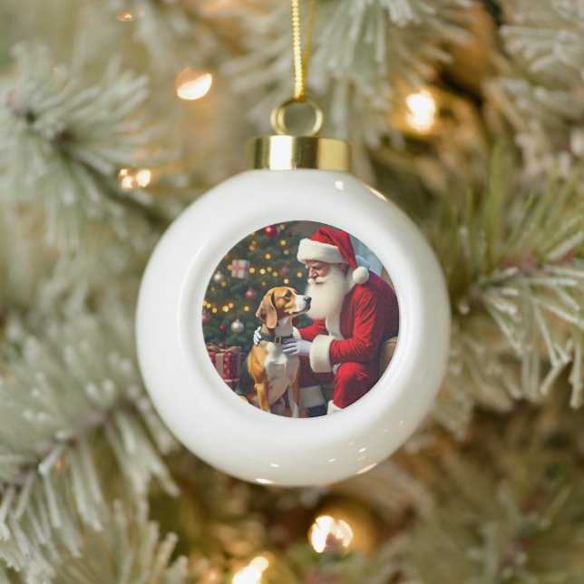 Beagle Meets Santa Christmas Painting Ceramic Ball Christmas Ornament (Tree)