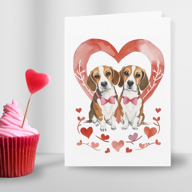 Beagle Mum Valentines Day Dog Love Heart Pretty  Holiday Card (Beagle dog couple sweet love watercolor wedding engagement vday or anniversary theme pink red heart)