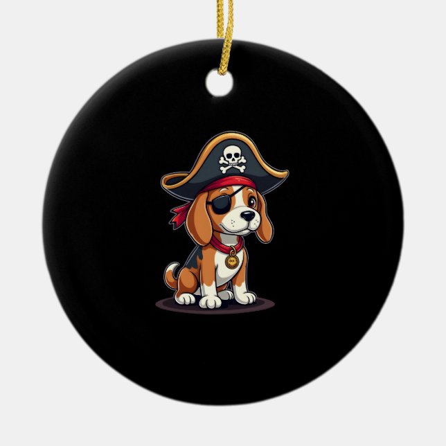 Beagle Pirate Costume Jolly Roger Flag Skull Cross Ceramic Tree Decoration (Front)