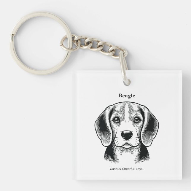 Beagle Portrait Black Line Illustration Key Ring (Front)