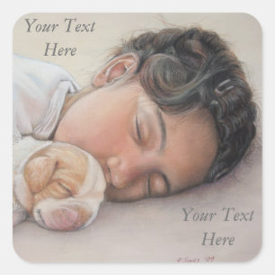 beagle puppy and child realist portrait painting square sticker