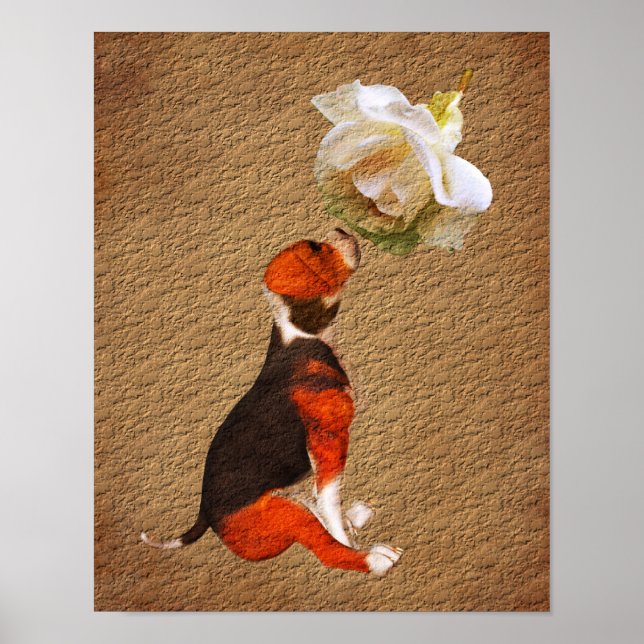 Beagle Puppy And Rose Aged Paper Art  Poster (Front)