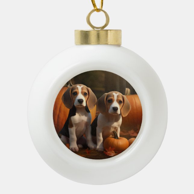 Beagle Puppy Autumn Delight Pumpkin  Ceramic Ball Christmas Ornament (Front)