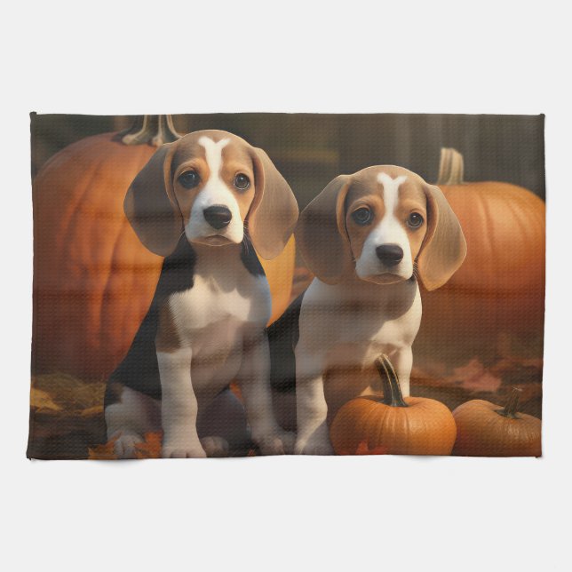 Beagle Puppy Autumn Delight Pumpkin  Tea Towel (Horizontal)