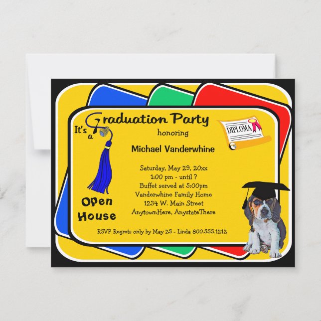Beagle Puppy Blue Graduation Growler Party Invites (Front)
