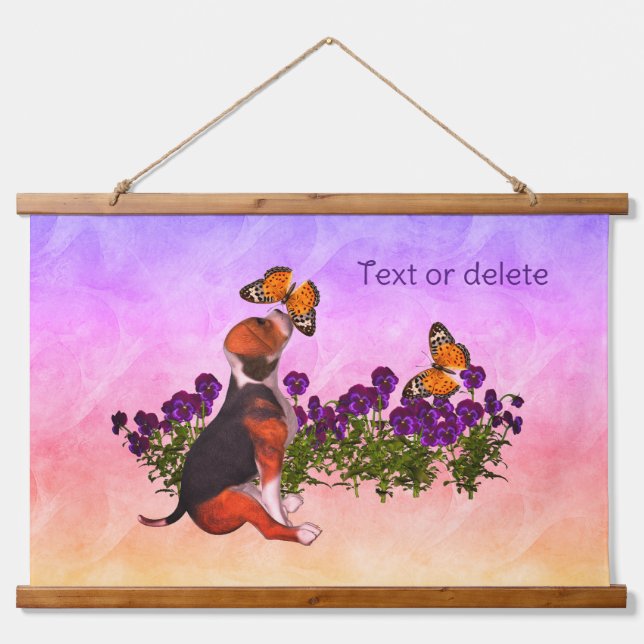 Beagle Puppy Butterflies And Flowers Personalised Hanging Tapestry (Front)