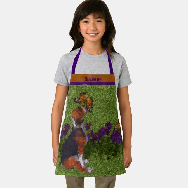 Beagle Puppy Butterflies Dog Art Personalised Apron (Insitu)