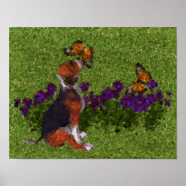 Beagle Puppy Butterflies Dog Art Photo Painting Poster (Front)