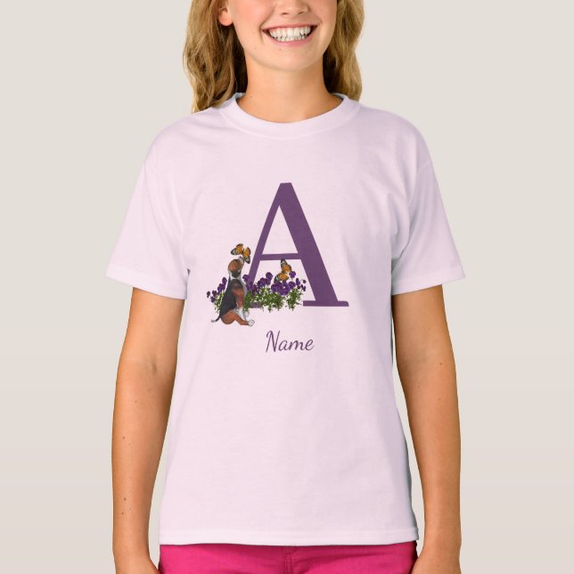 Beagle Puppy Butterflies Monogram Initial A Name   T-Shirt (Front)