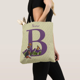 Beagle Puppy Butterflies Monogram Initial B Name   Tote Bag
