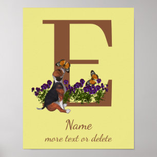 Beagle Puppy Butterflies Monogram Initial E Name Poster