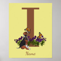 Beagle Puppy Butterflies Monogram Initial I Name