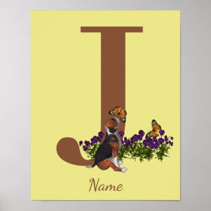 Beagle Puppy Butterflies Monogram Initial J Name Poster