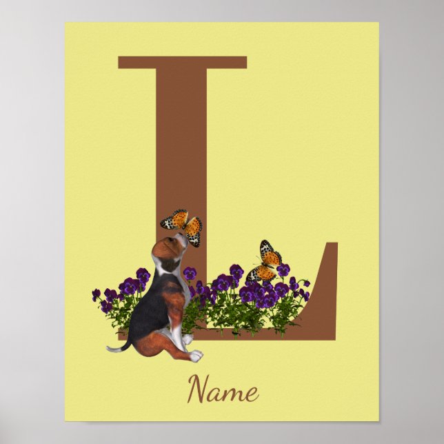 Beagle Puppy Butterflies Monogram Initial L Name  Poster (Front)