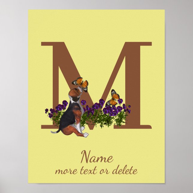 Beagle Puppy Butterflies Monogram Initial M Name  Poster (Front)