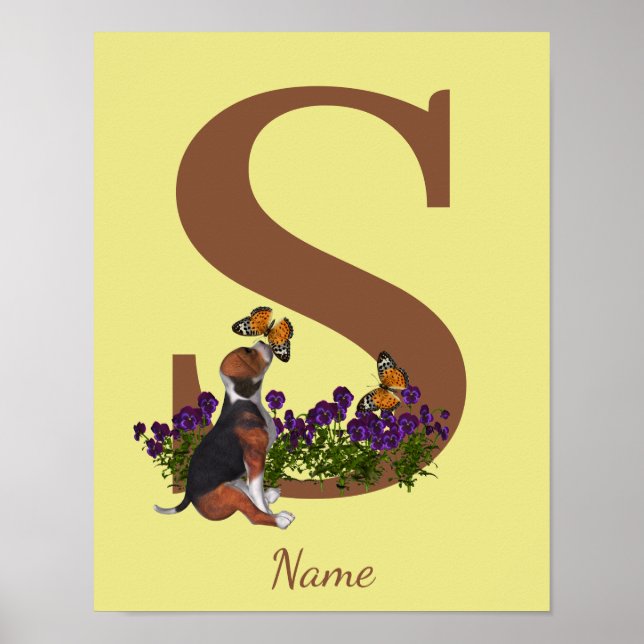 Beagle Puppy Butterflies Monogram Initial S Name  Poster (Front)