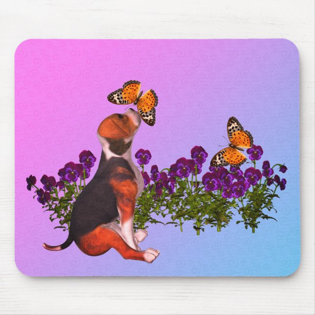 Beagle Puppy Butterflies Pansies  Mouse Pad (Front)