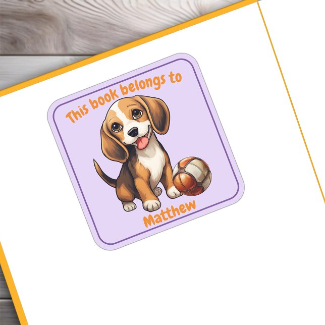 Beagle Puppy "This Book Belongs" Bookplate Square Sticker (Beagle Puppy "This Book Belongs" Personalized Bookplate For Kids)