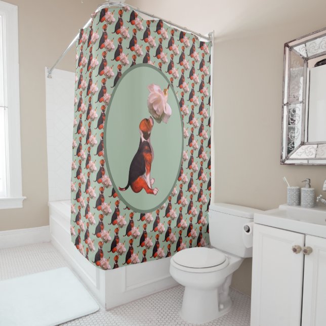 Beagle Puppy White Rose  Shower Curtain (In Situ)