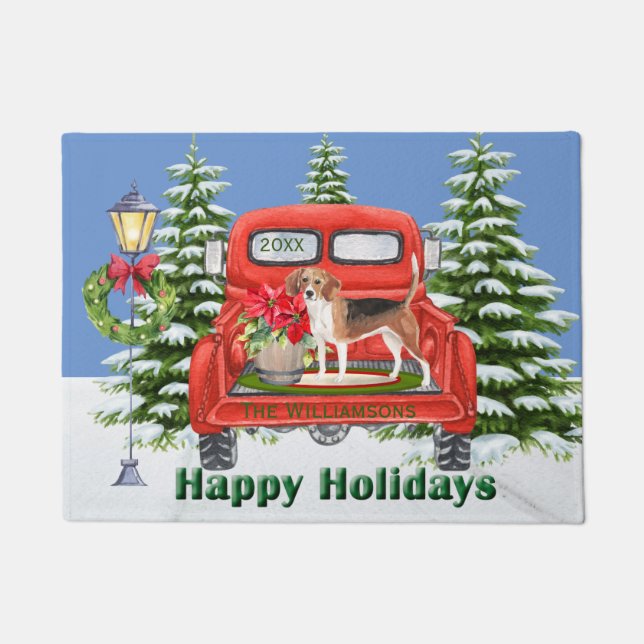 Beagle Red Vintage Truck Family Name Doormat (Front)