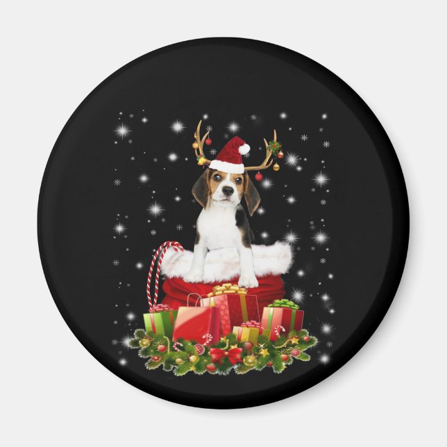 Beagle Reindeer Pressent Christmas Gift Magnet (Front)
