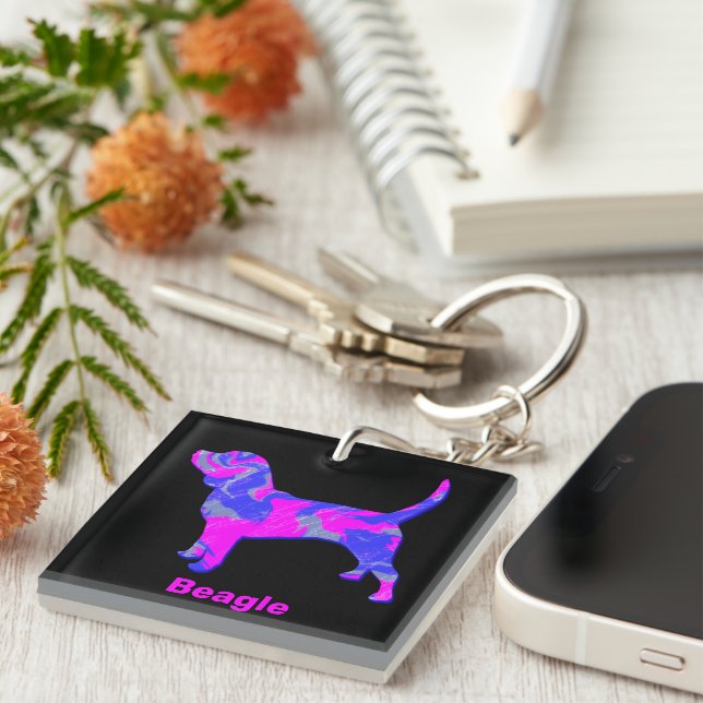 Beagle Silhouette Hot Pink & Blue Key Ring (Front Right)