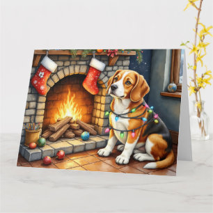 Beagle Sitting by Fireplace with Christmas Lights Card