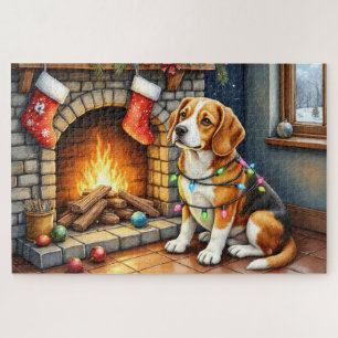 Beagle Sitting by Fireplace with Christmas Lights Jigsaw Puzzle