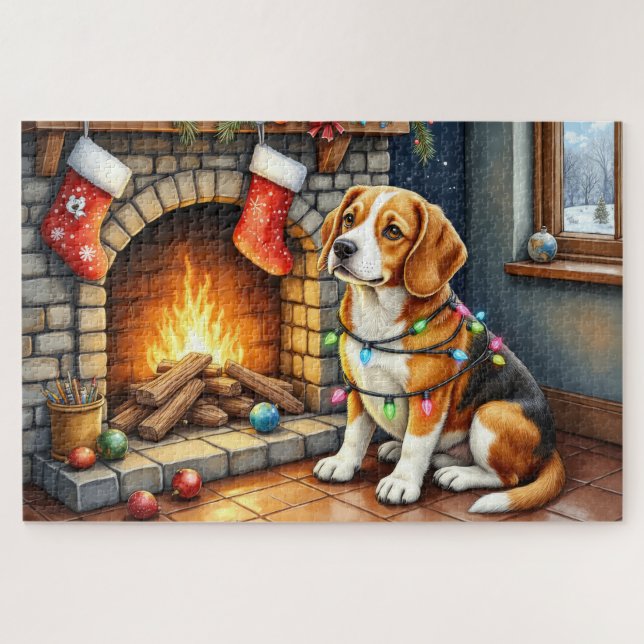 Beagle Sitting by Fireplace with Christmas Lights Jigsaw Puzzle (Horizontal)