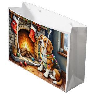 Beagle Sitting by Fireplace with Christmas Lights Large Gift Bag