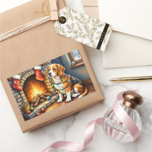 Beagle Sitting by Fireplace with Christmas Lights Rectangular Sticker