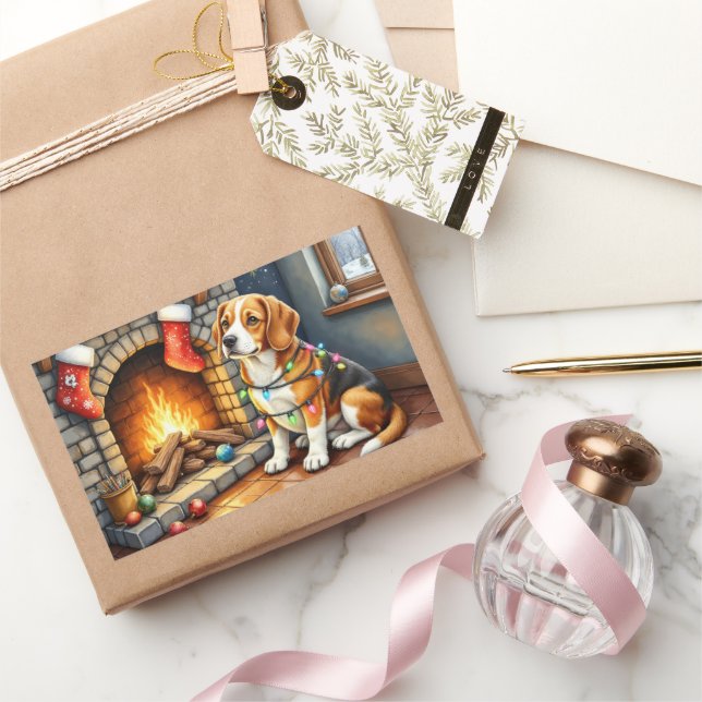 Beagle Sitting by Fireplace with Christmas Lights Rectangular Sticker (Gifting)