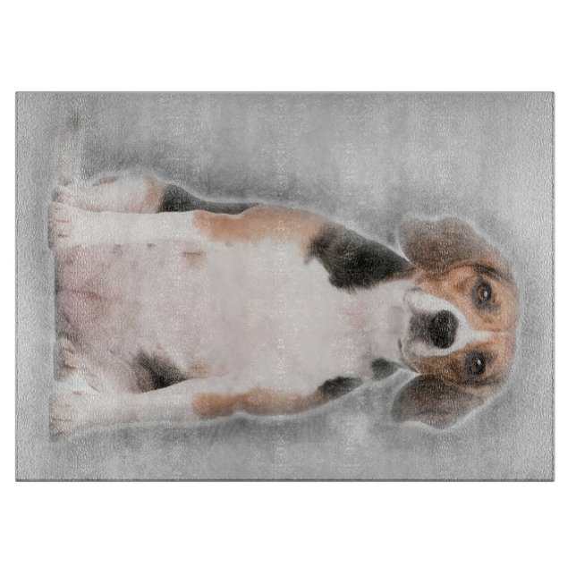 Beagle Sitting In Front Of Silver Background Cutting Board (Front)