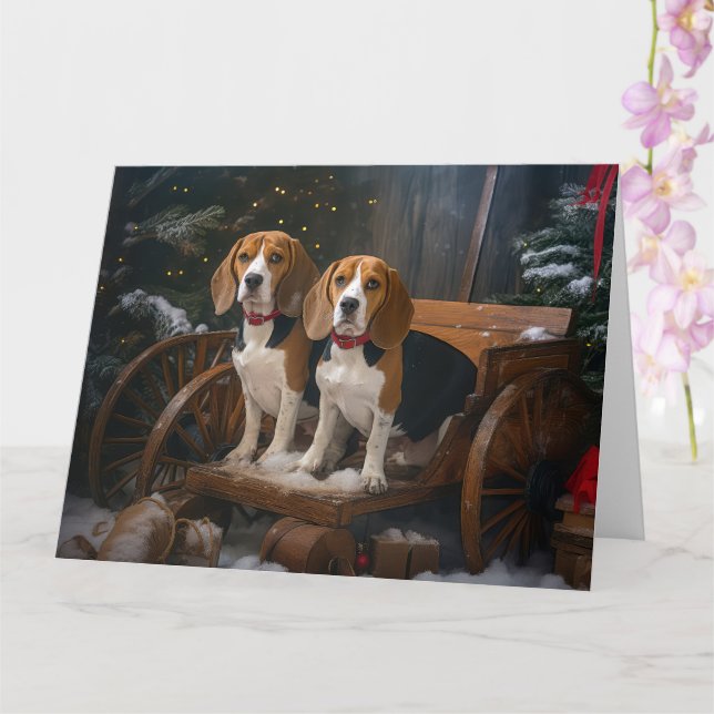 Beagle Snowy Sleigh Christmas Decor  Card (Orchid)