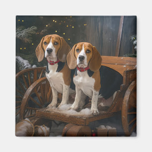 Beagle Snowy Sleigh Christmas Decor Magnet