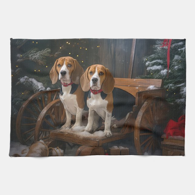Beagle Snowy Sleigh Christmas Decor  Tea Towel (Horizontal)