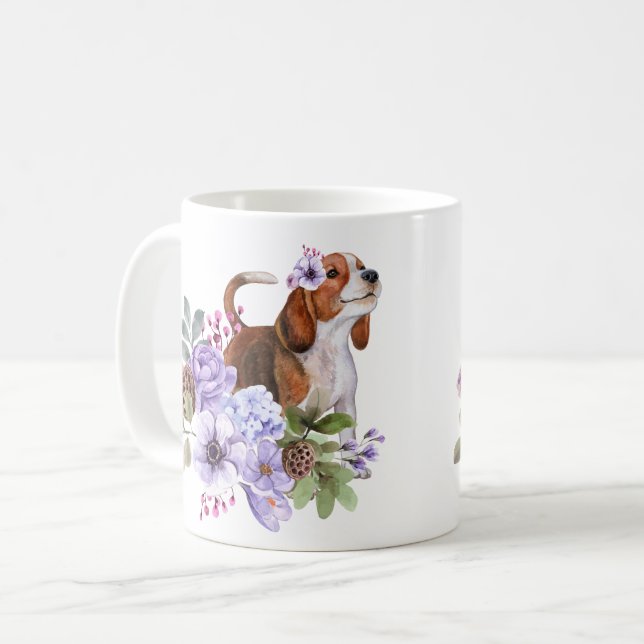 Beagle Surrounded by Lush Watercolor Flowers  Coffee Mug (Front Left)