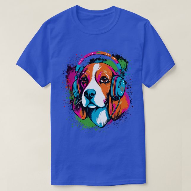 Beagle wearing headphones colourful illustration T-Shirt (Design Front)
