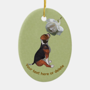 Beagle White Rose Dog Personalised Ceramic Tree Decoration