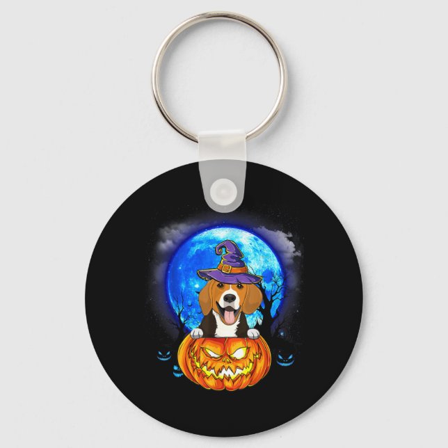 Beagle Witch Moon Pumpkin Scary Halloween Dog Key Ring (Front)