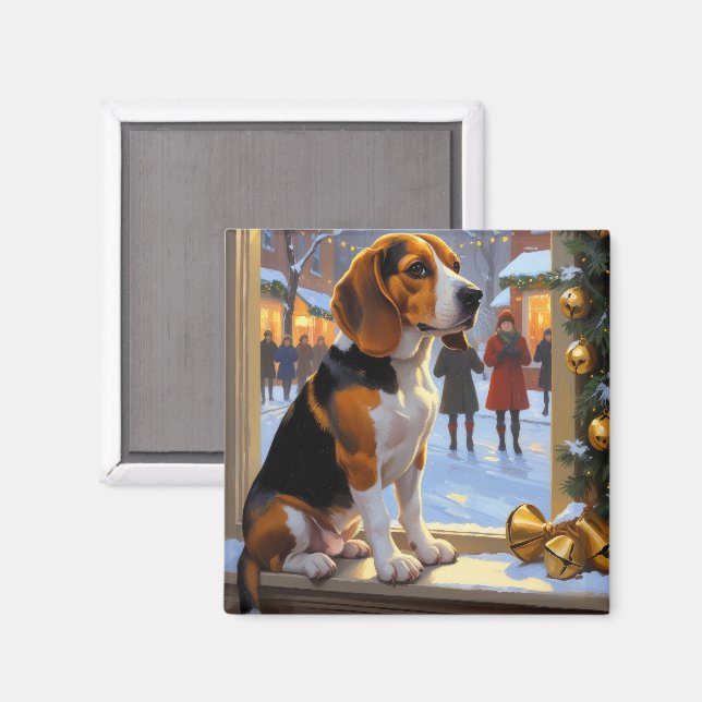 Beagle With Christmas Lights Holiday Magnet (Front/Back)