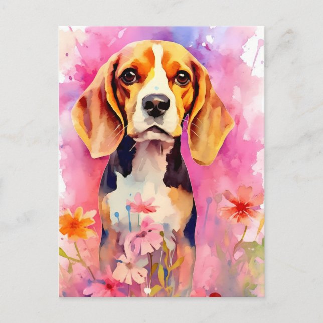 Beagle with flowers Watercolor Postcard (Front)