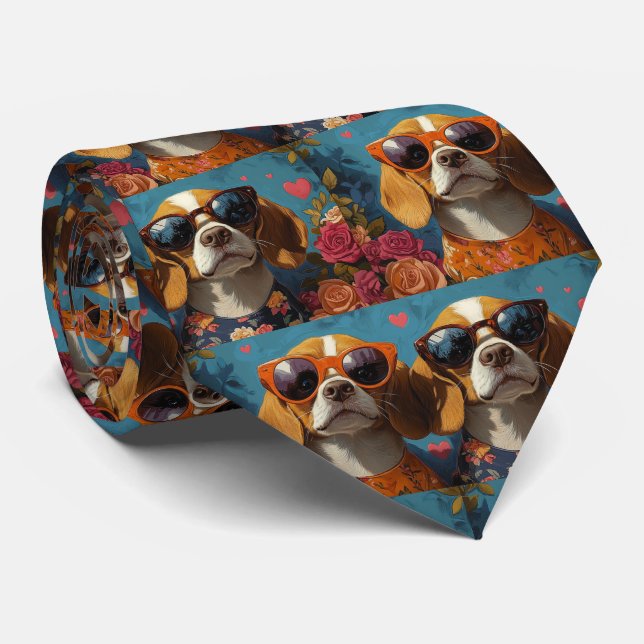 Beagle With Heart Roses Valentine's Day Tie (Rolled)