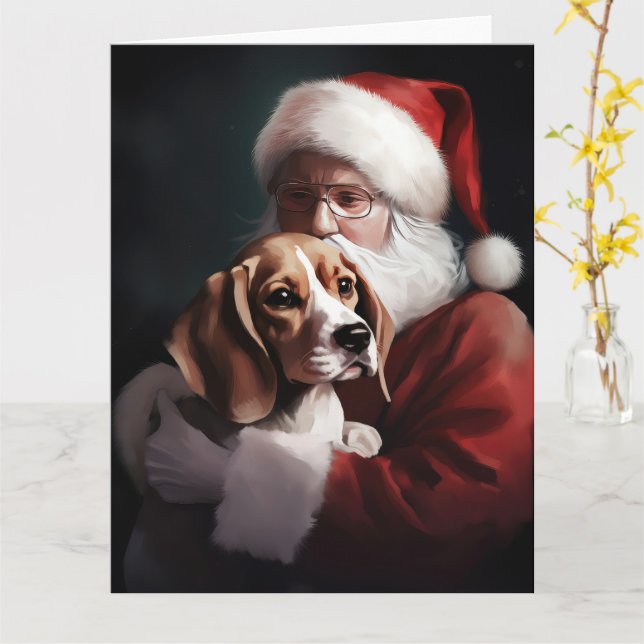 Beagle With Santa Claus Festive Christmas Card (Yellow Flower)