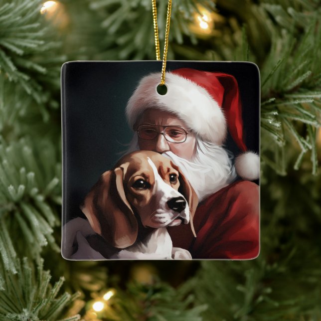 Beagle With Santa Claus Festive Christmas Ceramic Ornament (Tree)