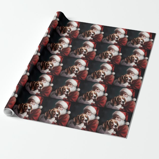 Beagle With Santa Claus Festive Christmas Wrapping Paper (Unrolled)