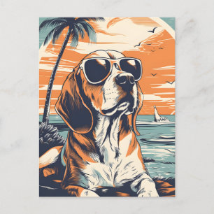 Beagle with sunglasses at a beach holiday postcard