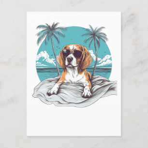 Beagle with sunglasses at the beach postcard