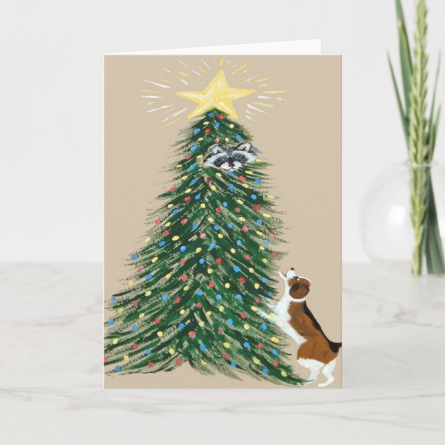 Beagle With Treed Racoon Holiday Card (Front)