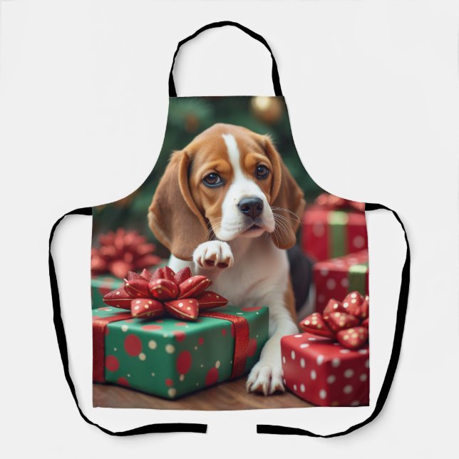 Beagle Wrapping Gifts Christmas Painting Apron (Front)